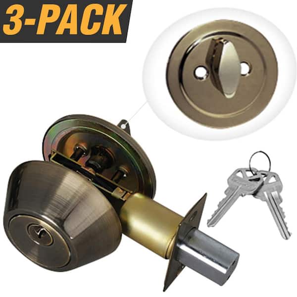 Premier Lock Antique Brass Entry Door Lock Single Cylinder Deadbolt with 6 KW1 Keys (3-Pack, Keyed Alike)