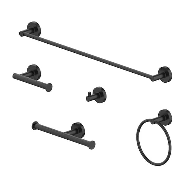 JACUZZI APERTO 5 -Piece Bath Hardware Set with Towel Bar, Paper Holder, Robe Hook, and Towel Ring in Matte Black
