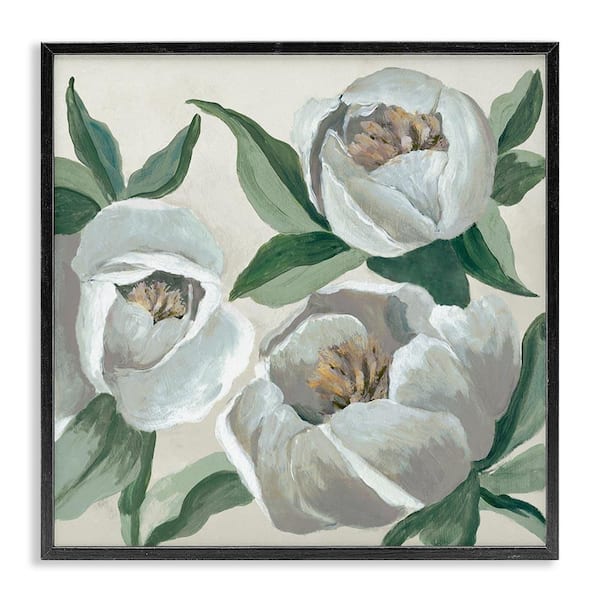 Stupell Industries Round White Peonies by Jacob Q Black Framed Nature Giclee Art Print 12 in. x 12 in.