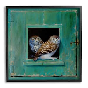 Spotted Owls Perched Rustic Green Door Ledge by Alan Weston Framed Animal Art Print 24 in. x 24 in.
