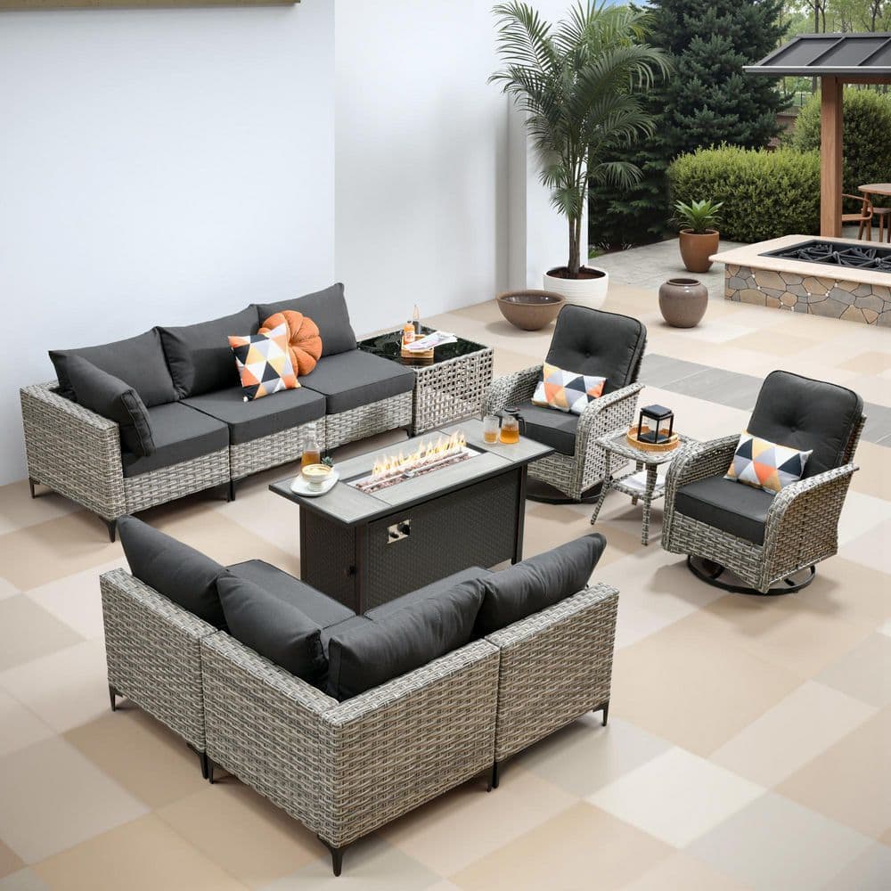 Stardust 11-Pieces Wicker Outdoor Patio Rectangular Fire Pit Set and Swivel Rocking Chairs with Black Cushions price history on PriceWatchPro