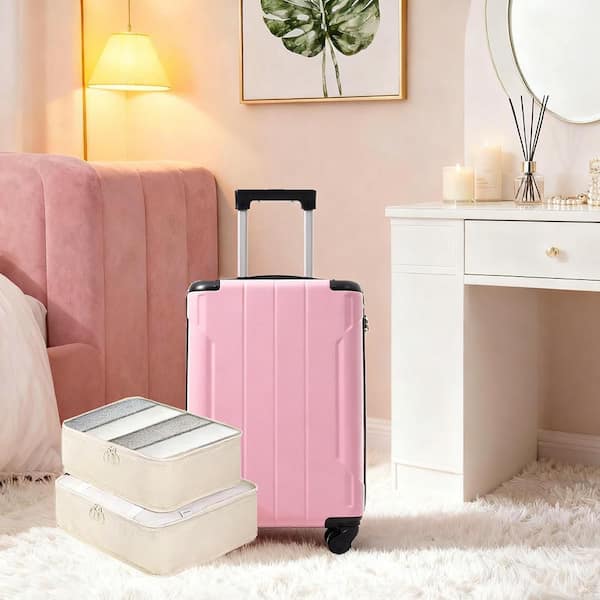 2 Bags 2-Piece Pink ABS Hardshell Spinner 20 Luggage Set with 2 Packing Cubes, 3 Digit TSA Lock