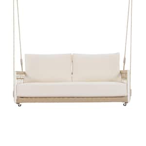 52 in. W 2-Person White Metal plus Woven Rope Frame Patio Outdoor Porch Swing with Soft Beige Cushions and Pillow