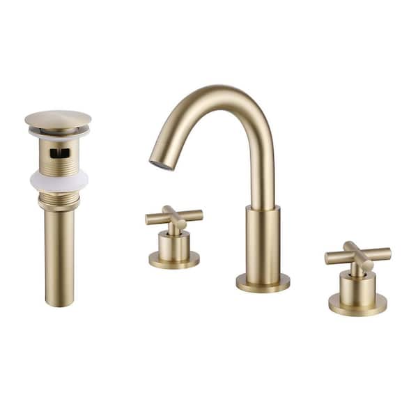 8 in. Widespread Double Handle Bathroom Faucet with Pop-up Drain Assembly Brass Sink Basin Vanity Taps in Brushed Gold
