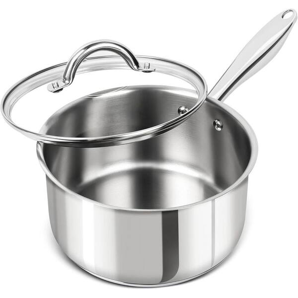 3 Quart Stainless Steel Saucepan with Lid Tri-Ply Bottom Induction Compatible Clear Glass Lid Drip-Free Pouring