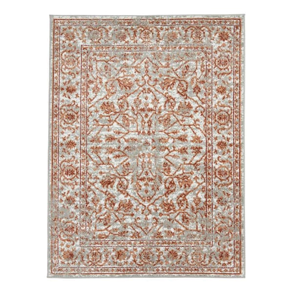 Alpine 10 x 14 Gray/Orange Bordered Pattern Area Rug for High Traffic Living Room Dining Room Bedroom