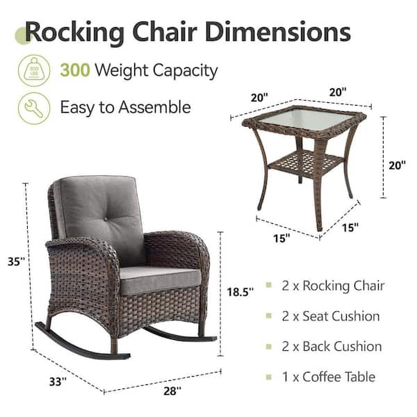 Rotavia 3-Piece Brown PE Wicker Outdoor Rocking Chair with Olefin Gray Cushions Patio Conversation Set and Side Table