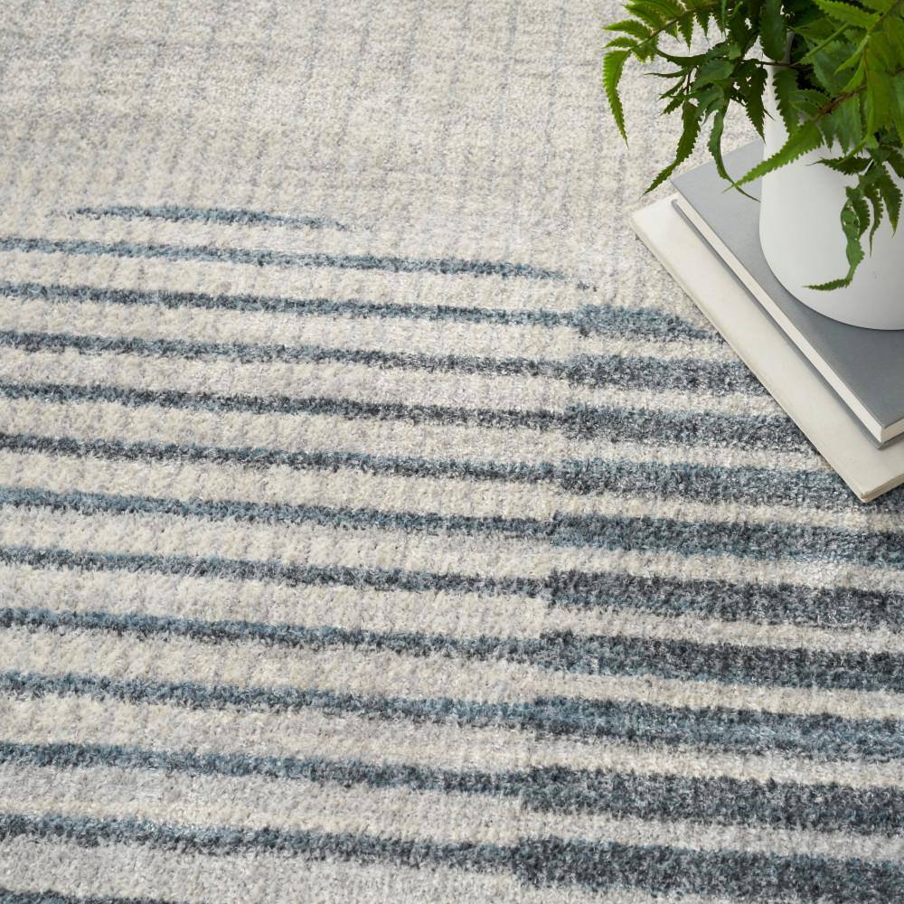 Astra Ivory Blue Machine Washable Geometric 4' x 6' Area Rug