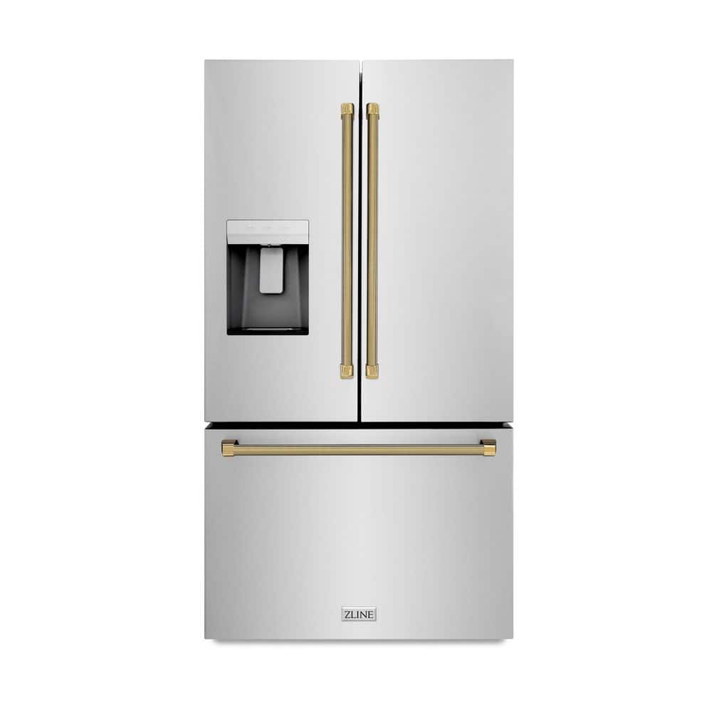 ZLINE Kitchen and Bath Autograph Edition 36 in. Standard-Depth 18.54 cu ft Refrigerator in Stainless Steel and Polished Gold Helix Handles