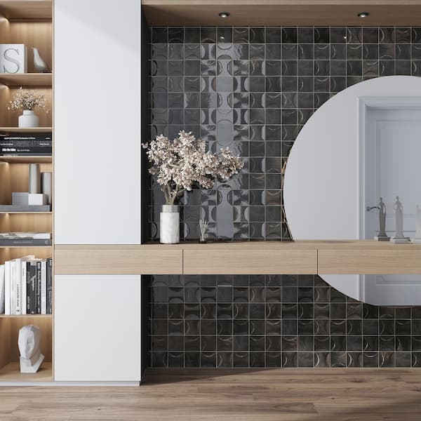 Antiek Black 3.94 in. x 3.94 in. Glossy Ceramic Square Deco Wall Tile (5.39 sq. ft./case) (50-pack)