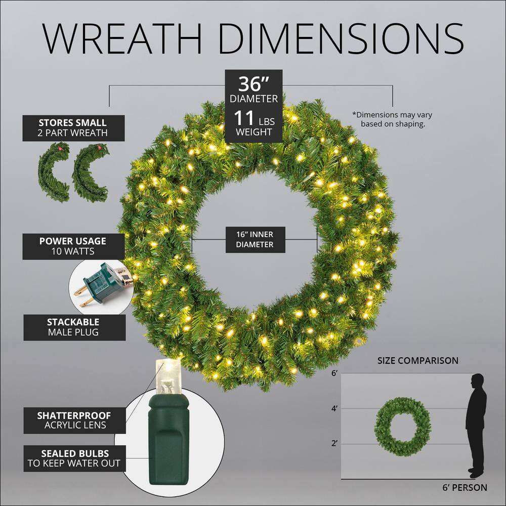36" Green Sequoia Fir Artificial Christmas Wreath with Warm White LED Lights