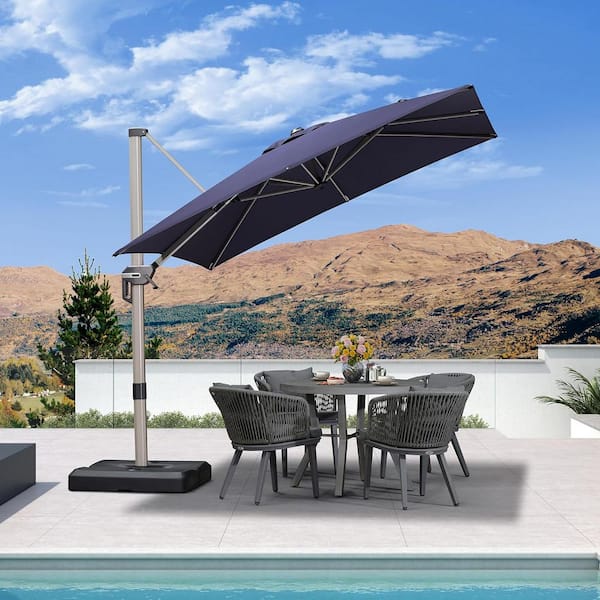 PURPLE LEAF 8 ft. Square Outdoor Patio Cantilever Umbrella Light Champagne Aluminum Offset 360° Rotation Umbrella in Navy Blue