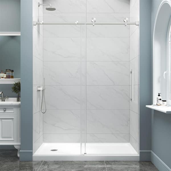 55 to 60 in. W x 72 in. H Frameless Sliding Shower Door in Brushed Nickel with Clear Tempered Glass