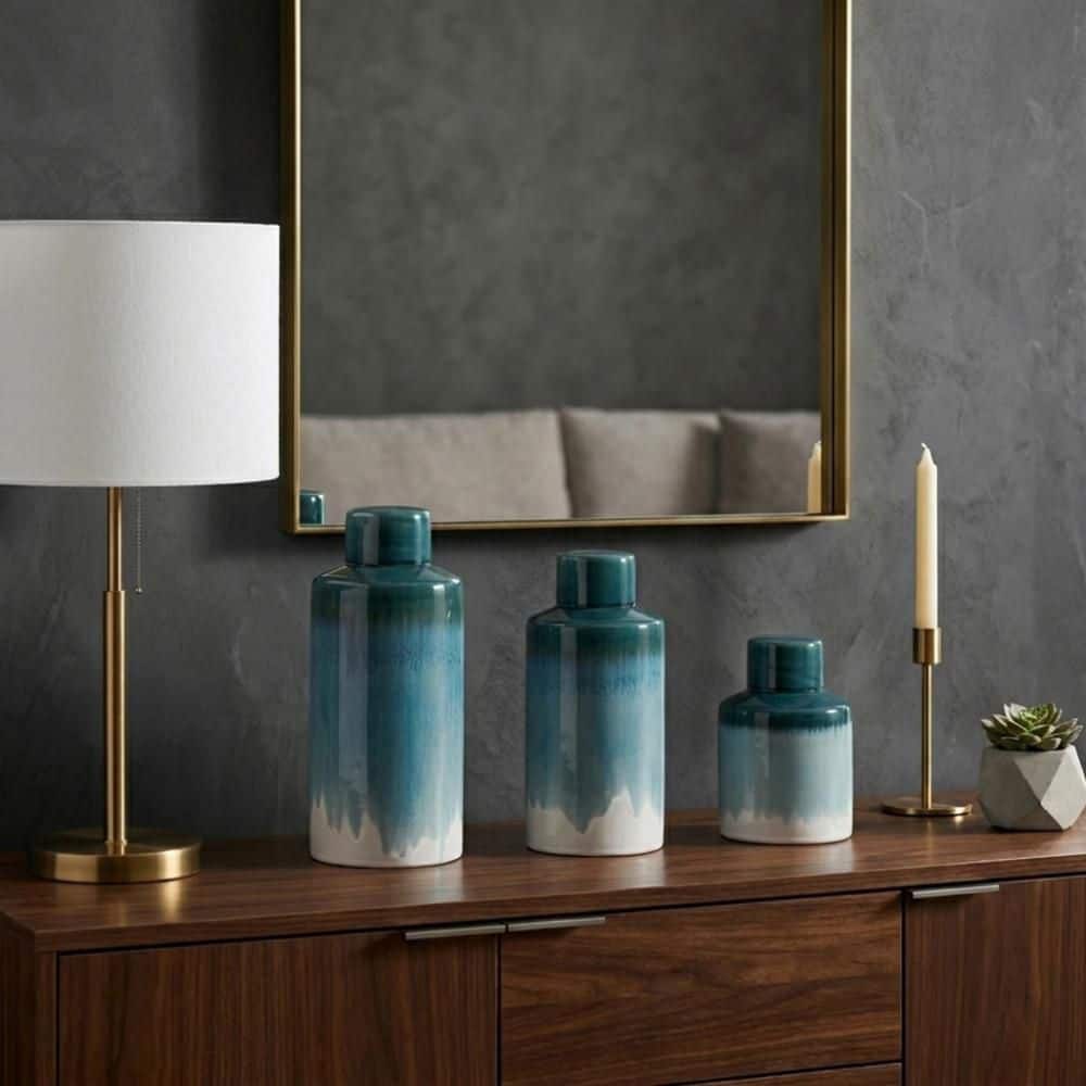 9 in., 13 in. and 14 in. Green/Blue/Ivory Ceramic Cylinder Canisters (Set of 3) price history on PriceWatchPro