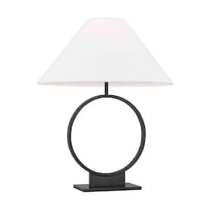 Orion Medium 22.5 in. Aged Iron Table Lamp with White Linen Fabric Shade and LED Light Bulb