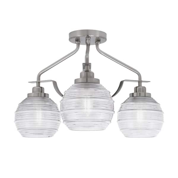 Unbranded Zara 16.5 in. 3-Light Brushed Nickel Semi-Flush with 6 in. Clear Ribbed Glass Shades No Bulbs Included