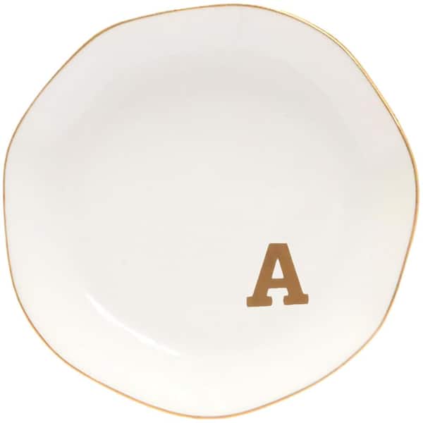 Letter S Ceramic Jewelry Tray Monogrammed Ring Dish, Glazed White Decorative Holder, 4.5 in. Round Plate