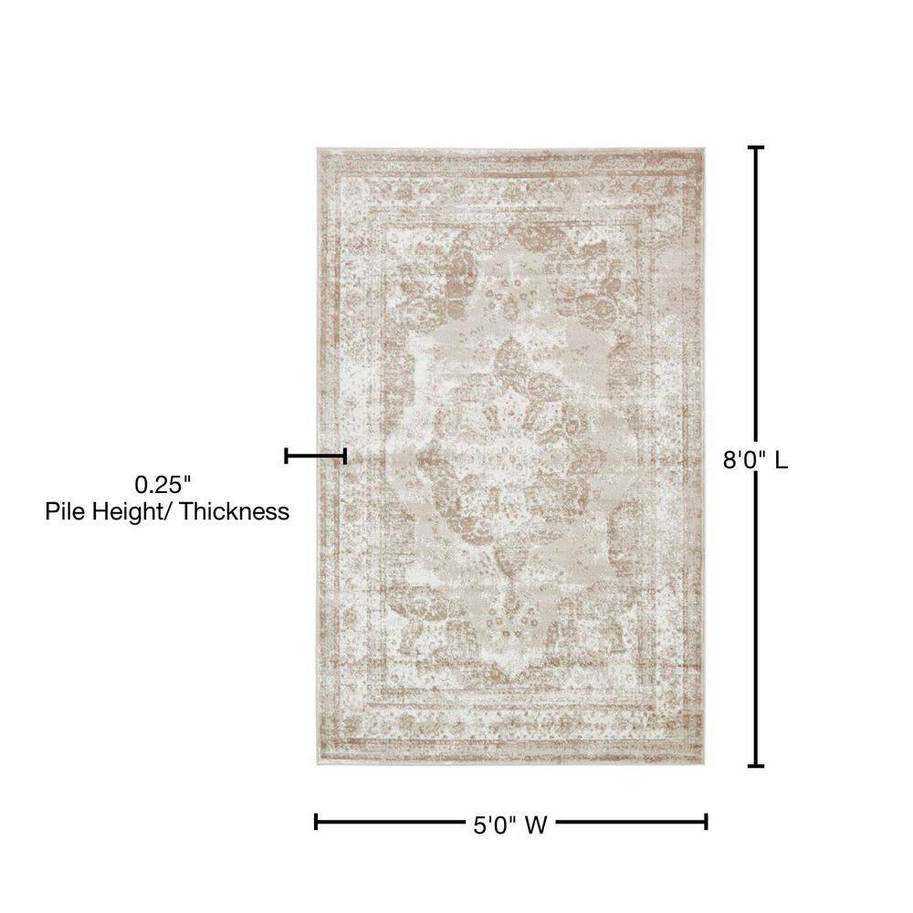 Beige 5'3" x 8' Synthetic Rectangular Easy-Care Area Rug