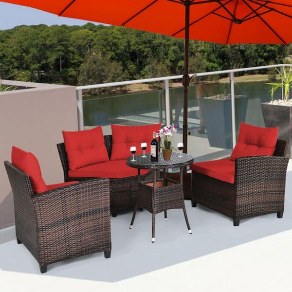 4-Piece Outdoor Wicker Rattan Furniture Set with Cushion in Red