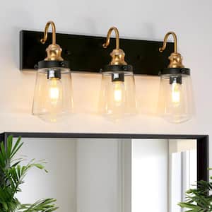 Modern Bathroom Vanity Light 3-Light Black and Brass Cylinder Wall Sconce Light with Clear Glass Shades