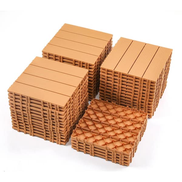 PARASOLAR 12 in. x 12 in. Square Polypropylene Decking Tiles, 4 Slat Plastic Interlocking Flooring Tile (Natural, 44-Pack)