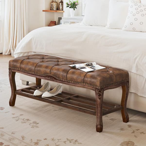 45.3 in. JULIOO Yellow Brown Color Faux Leather Wood Frame Nailhead-Decorated Armless Bench With Storage Rack