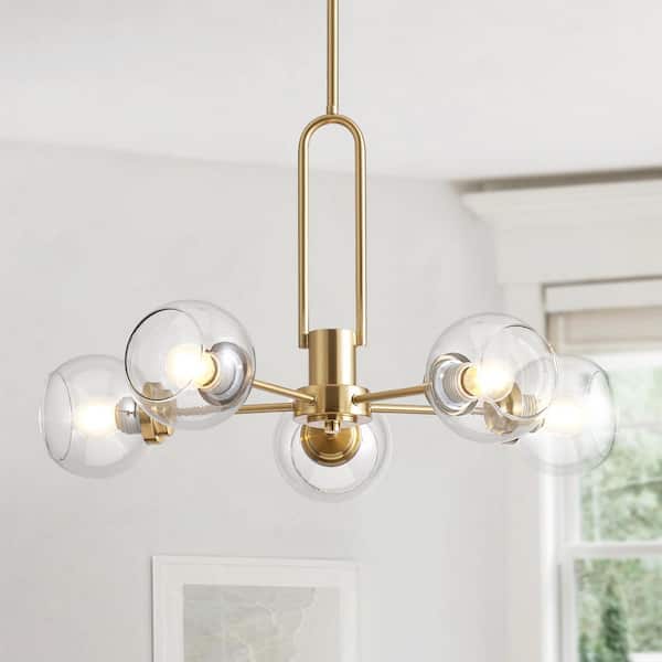 Henveton Kinlea 5 Light Golden Mid Century Sputnik Sphere Chandelier with Clear Glass Lampshade for Kitchen, Living Room, Foyer