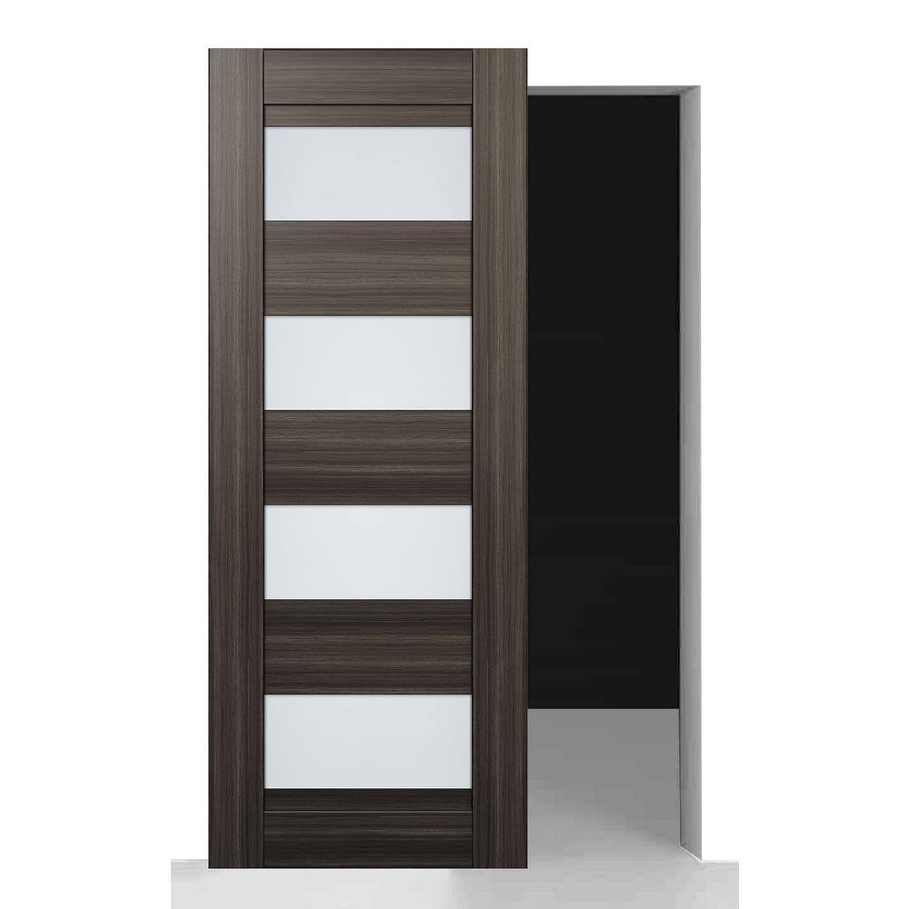 Della 28 in. x 84 in. Gray Oak 4-Lite Frosted Glass w/o BaseBoard Wood Hidden Sliding Barn Door with Hardware Kit price history on PriceWatchPro