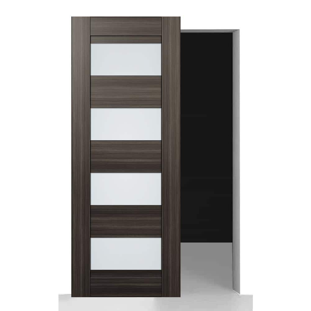 Gray Oak 24" Frosted Glass Solid Core Sliding Barn Door Kit