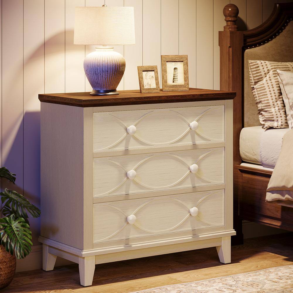 Distressed White and Brown 3-Drawer Farmhouse Nightstand