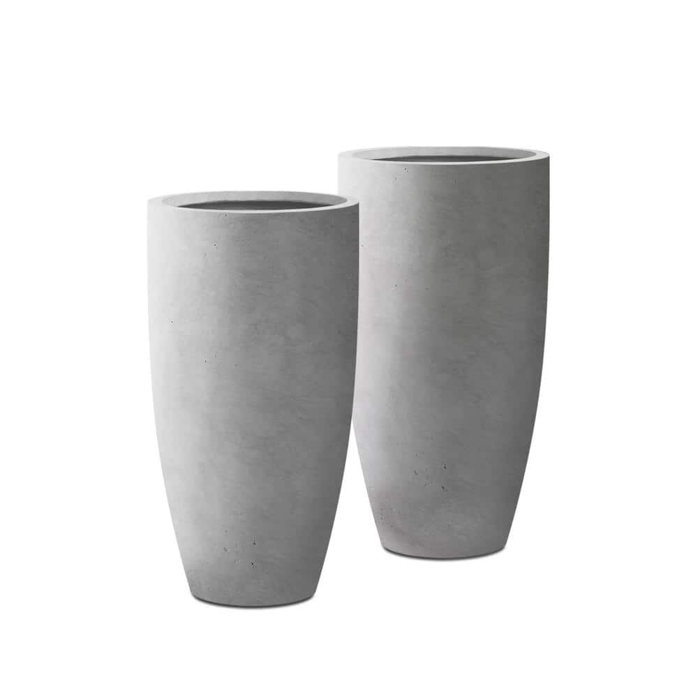 KANTE 13.39 in. x 23.62 in. Round Natural Finish Lightweight Concrete and Fiberglass Planters with Drainage Holes (Set of 2), Natural Concrete
