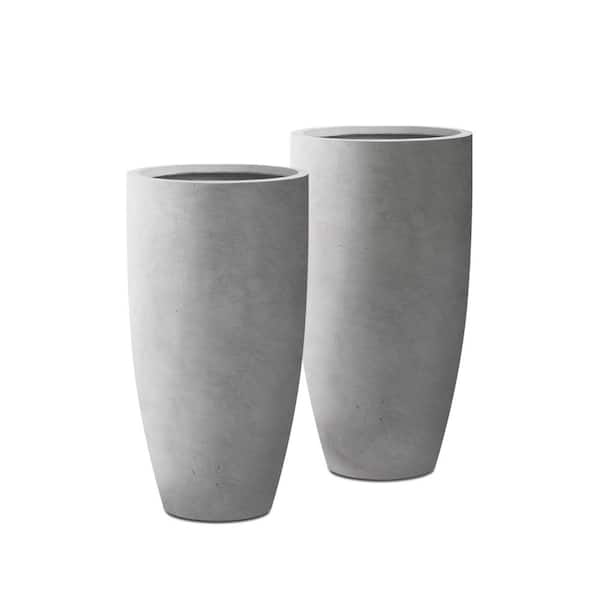 KANTE 13.39 in. x 23.62 in. Round Natural Finish Lightweight Concrete and Fiberglass Planters with Drainage Holes (Set of 2)