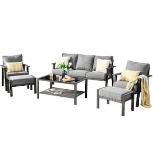 Walden Grey 6-Piece Wicker Metal Outdoor Patio Conversation Sofa Seating Set with a Coffee Table and Dark Grey Cushions
