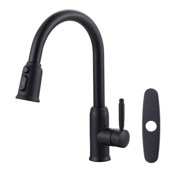 Single Handle Pull Out Sprayer Kitchen Faucet Included Deckplate in Matte Black
