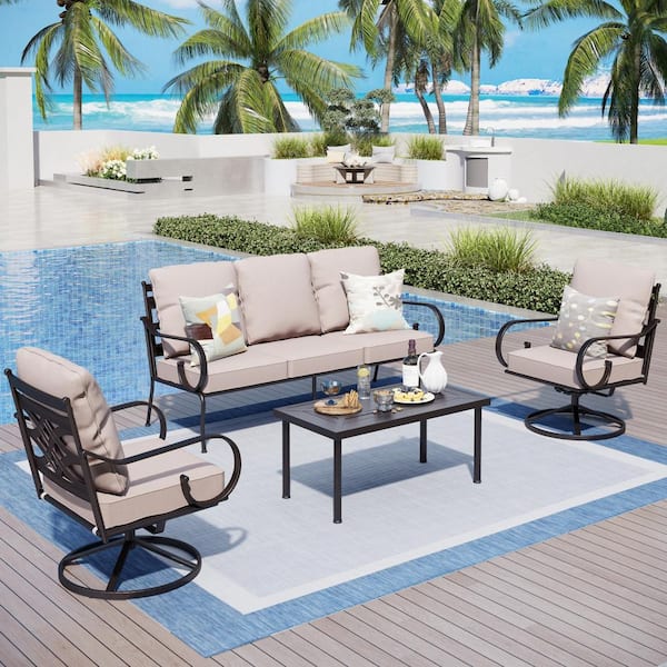 PHI VILLA 5 Seat 4-Piece Black Metal Steel Outdoor Patio Conversation Set with Beige Cushions, 2 Swivel Chairs And Table