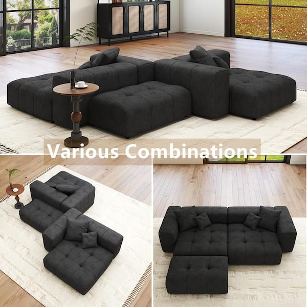 105 in. Oversized Square Arm Linen Rectangle Modular Sectional Sofa 2-Seater with Ottoman in. Black