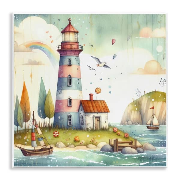 Stupell Industries Lighthouse Cottage Scenery by LSR Design Studio Unframed Coastal Graphic Art Print 12 in. x 12 in.