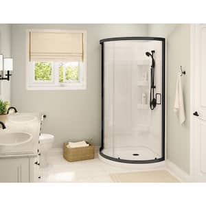 Cyrene 34 in. W. x 34 in. x 76 in. Corner Acrylic Center Drain Shower Stall/Kit in White with Clear glass in Matte Black