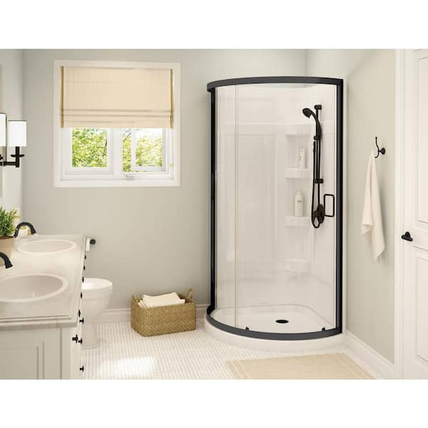 Cyrene 34 in. W. x 34 in. x 76 in. Corner Acrylic Center Drain Shower Stall/Kit in White with Clear glass in Matte Black