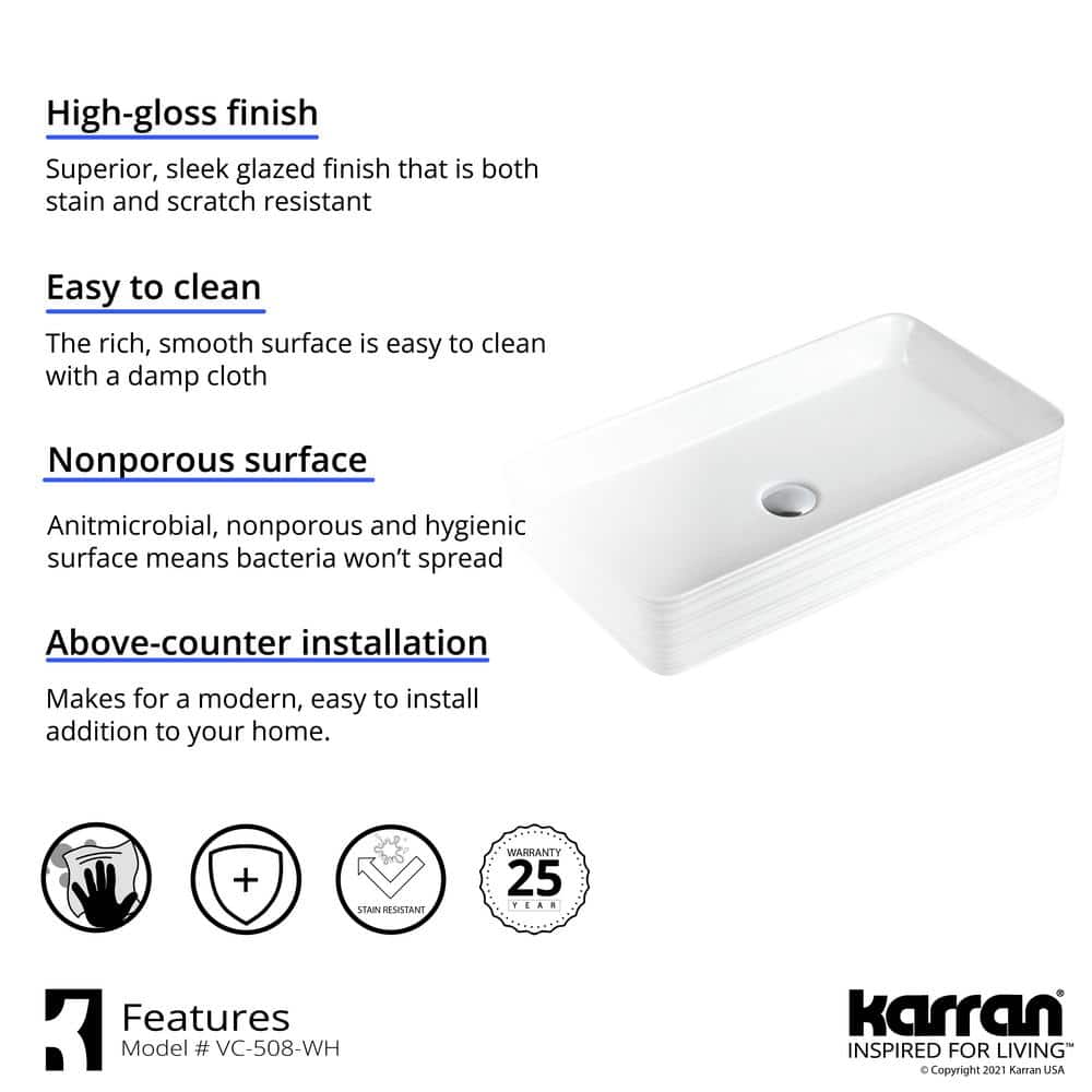 Valera 26-Inch White Ceramic Rectangular Vessel Sink