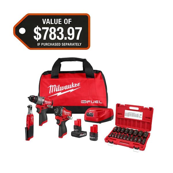 M12 FUEL 12V Lithium-Ion Cordless Drill Driver, Impact Wrench, and Ratchet Combo Kit w/ 1/2 in. Drive SAE Socket Set