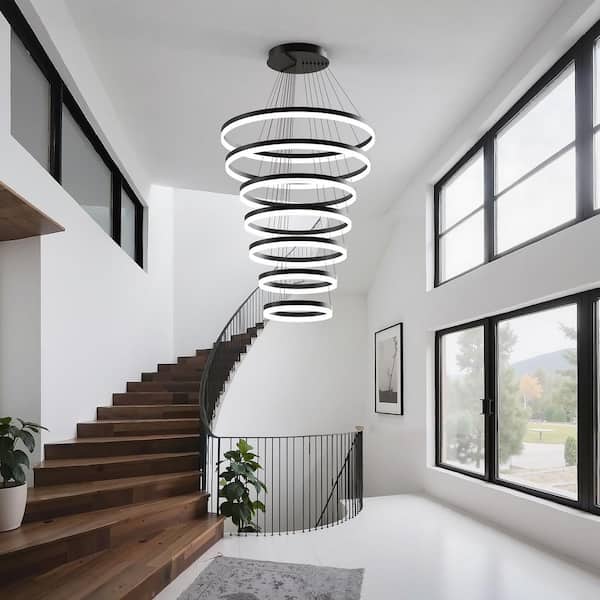 7-Light Modern Ring Black LED Chandelier, Dimmable Integrated Pendant Light for High Ceiling Entryway or Foyer