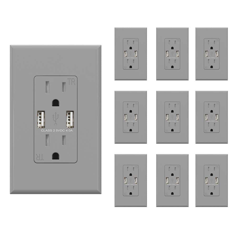 ELEGRP 4.0 Amp USB Outlet, Dual Type A In-Wall Charger with 15 Amp Duplex Tamper Resistant Outlet, Gray (10-Pack) -  R1615D40-GR10