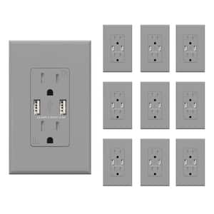 4.0 Amp USB Outlet, Dual Type A In-Wall Charger with 15 Amp Duplex Tamper Resistant Outlet, Gray (10-Pack)
