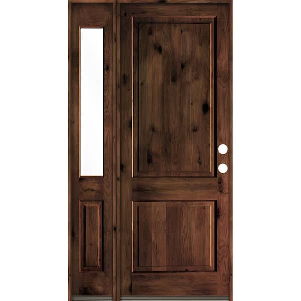 Krosswood Doors 50 in. x 96 in. Rustic knotty alder 2-Panel Left-Hand/Inswing Clear Glass Red Mahogany Stain Wood Prehung Front Door