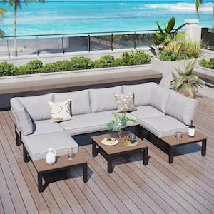 Black Metal 6 Seat 6-Piece Steel Outdoor Patio Conversation Set with Gray Cushions and Coffee Table