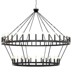 70 in. 64-Light Black Farmhouse Wagon Wheel Chandelier, Extra-Large 2-Tier Pendant Light for Living Room or Entryway