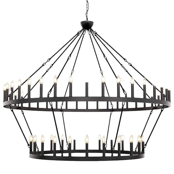 70 in. 64-Light Black Farmhouse Wagon Wheel Chandelier for Living Room or Entryway, Extra-Large 2-Tier Pendant Light