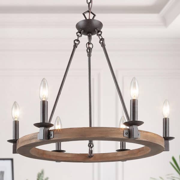Farmhouse Wagon Wheel Chandelier, 6-Light Distressed Wood Circle Island Light, Rustic Bronze Dining Room Pendant Light