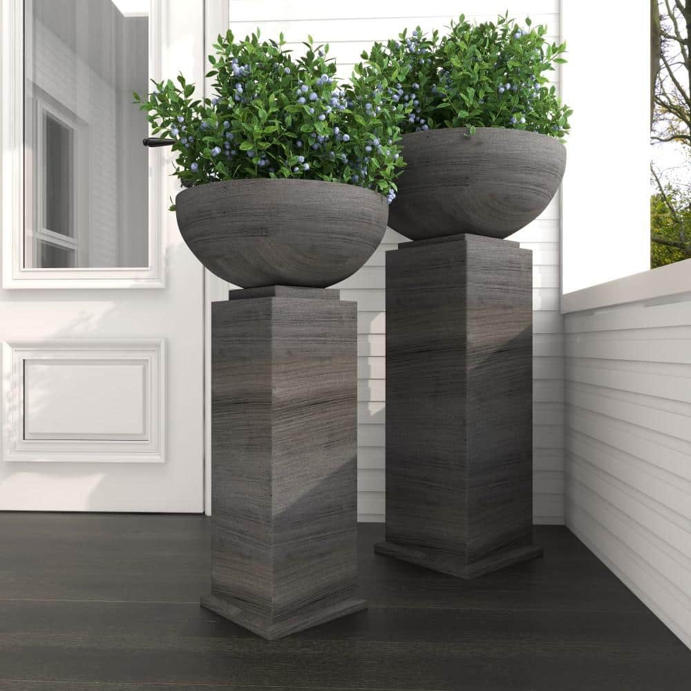 Extra Large Gray Metal Pedestal Planter Set for Indoor/Outdoor Use